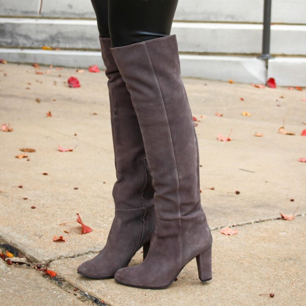 Halogen Genuine Suede OTK Boots Heeled Over Knee Classic Minimalist Gray NEW 6
